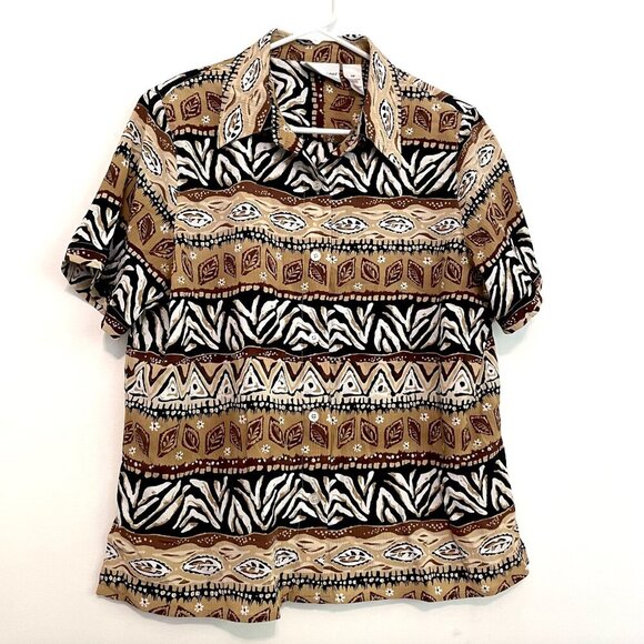 ALFRED DUNNER Tan Brown White Geometric Striped Tribal Animal Button Down PETITE - Picture 1 of 12